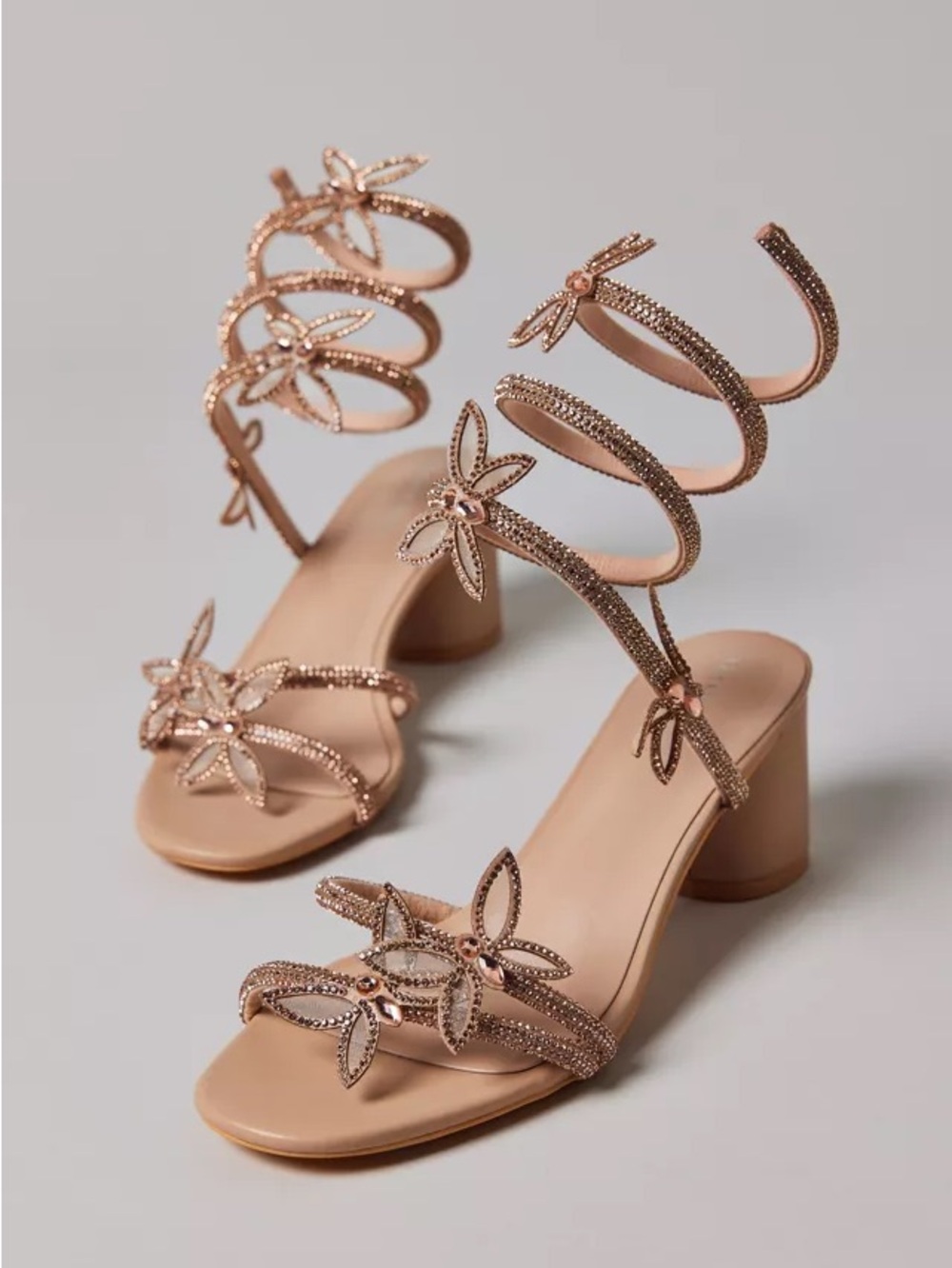 Embellished Spiral-Strap Heeled Sandals — Rose Gold